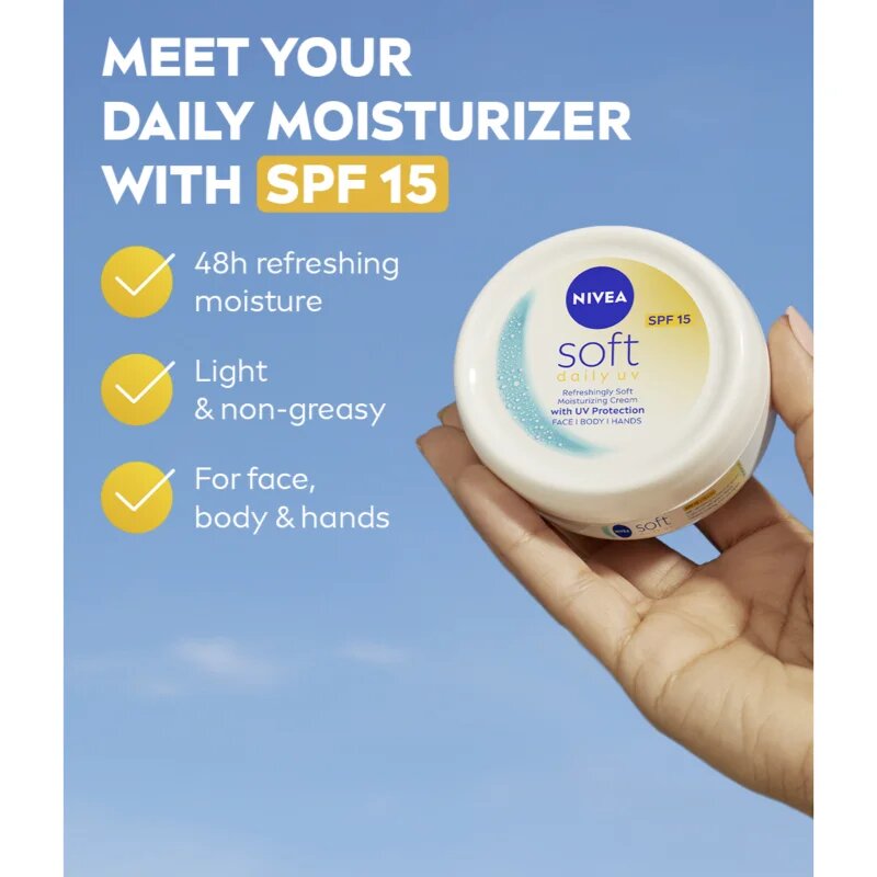 Nivea Soft Daily UV хидратиращ защитен крем за тяло и лице SPF 15 100 мл.