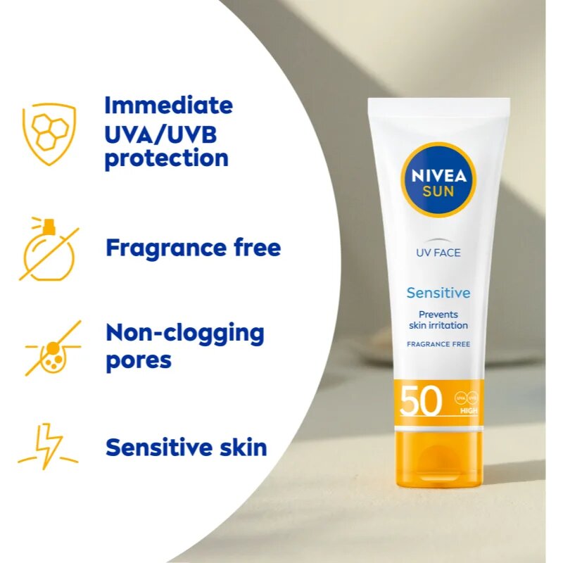 Nivea SUN Sensitive защитен крем за лице за чувствителна кожа на лицето SPF 50 50 мл.