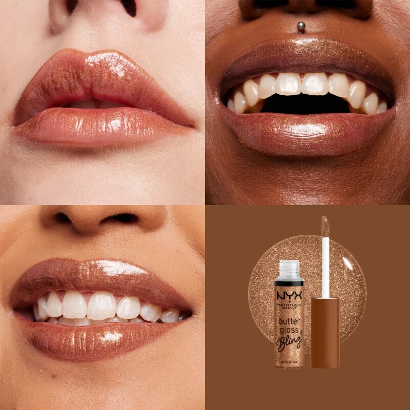 NYX Professional Makeup Butter Gloss Bling блясък за устни с блестящи частици цвят 04 Pay Me In Gold 8 мл.
