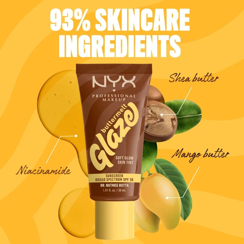 NYX Professional Makeup Buttermelt Glaze озаряващ тониращ флуид SPF 30 цвят 08 Nutmeg Butta мл.