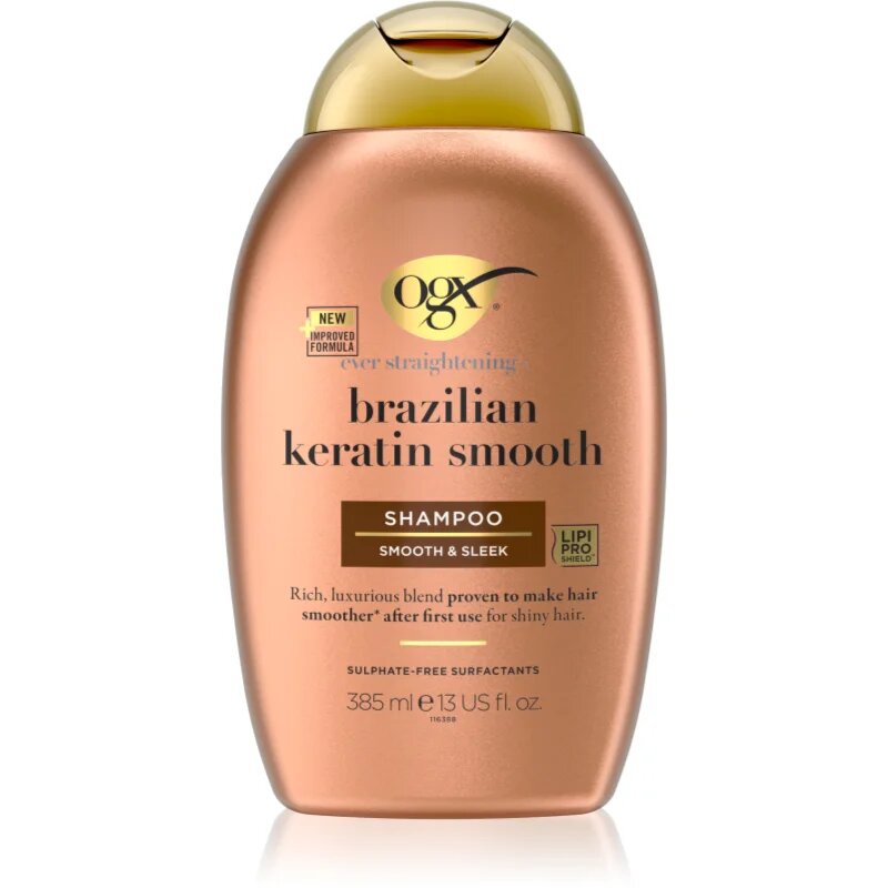 OGX Brazilian Keratin Smooth изглаждащ шампоан за блясък и мекота на косата 385 мл.