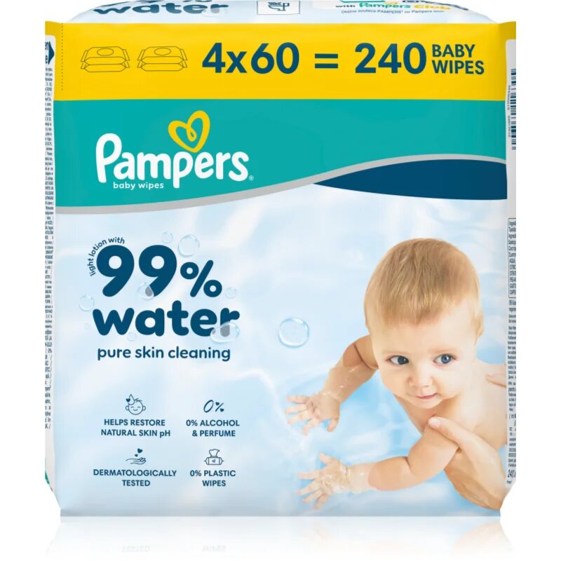 Pampers 99% Water Baby Wipes мокри почистващи кърпички за деца 4x60 бр.