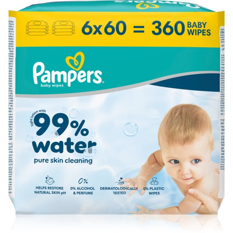 Pampers 99% Water Baby Wipes мокри почистващи кърпички за деца 6x60 бр.