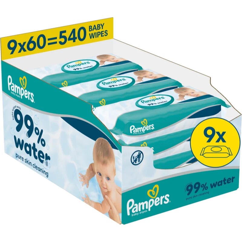 Pampers 99% Water Baby Wipes мокри почистващи кърпички за деца 9x60 бр.