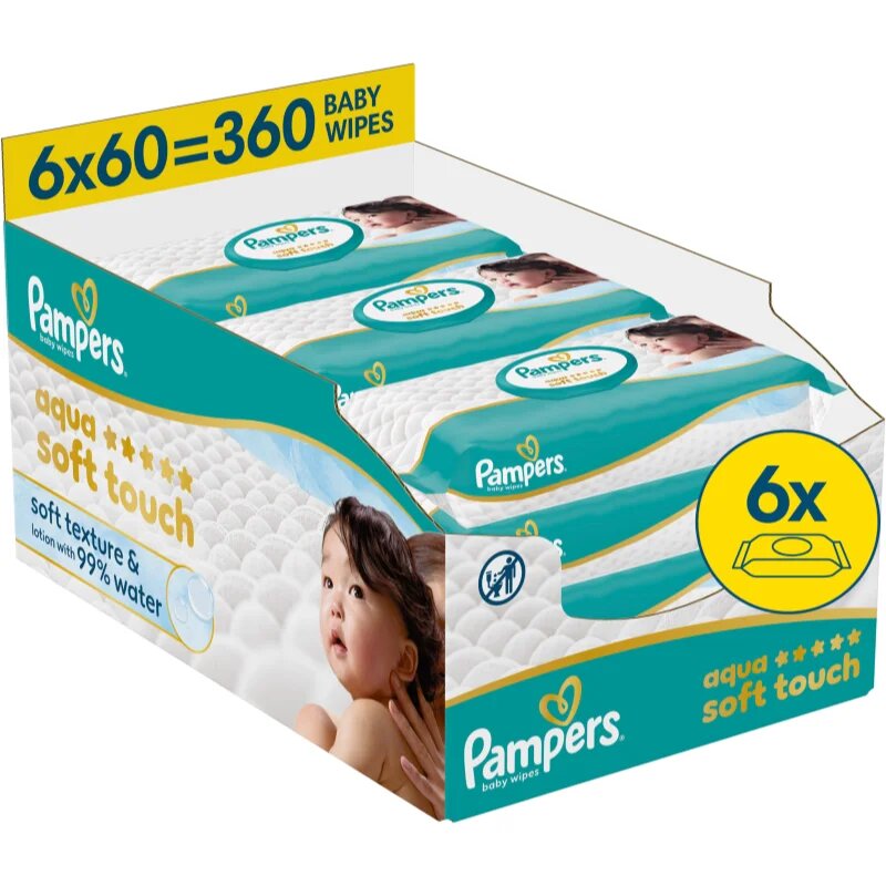 Pampers Aqua Soft Touch мокри почистващи кърпички за деца 6x60 бр.
