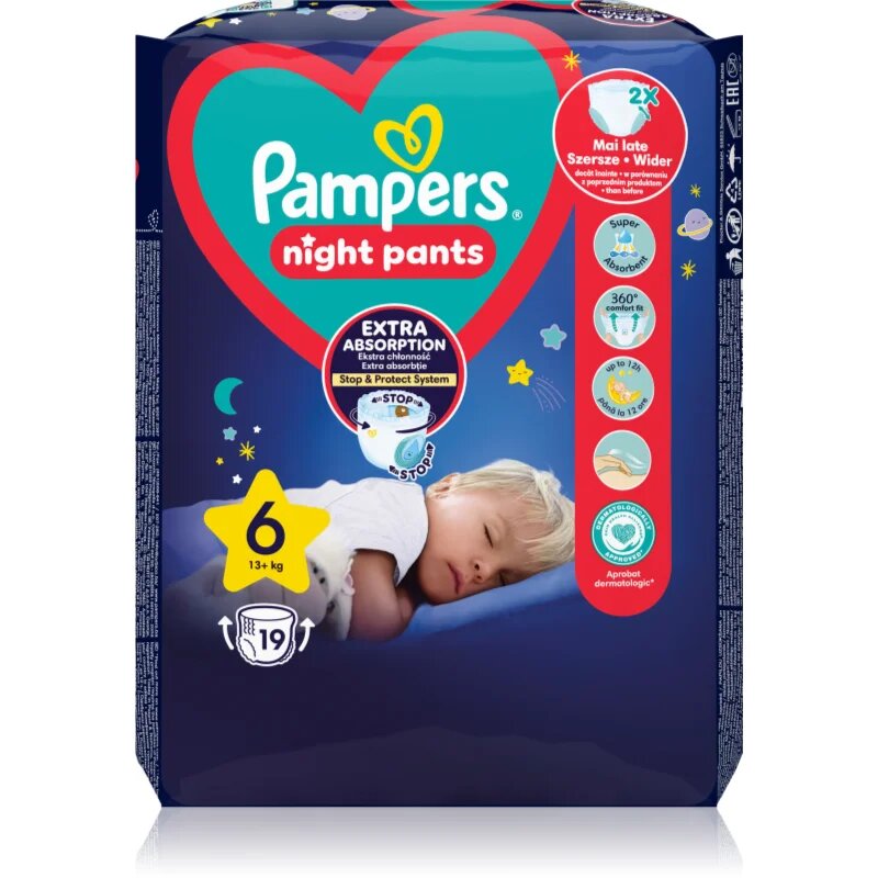 Pampers Night Pants Size 6 еднократни пелени гащички за нощ 13+ kg 19 бр.