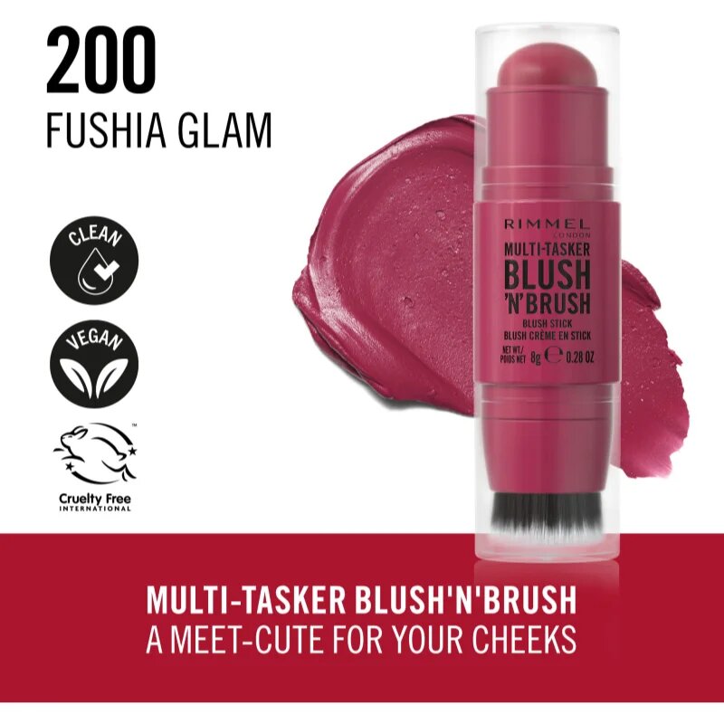 Rimmel Multi-Tasker Blush'N'brush руж в стик с четка цвят 200 Fushia Glam 8 гр.