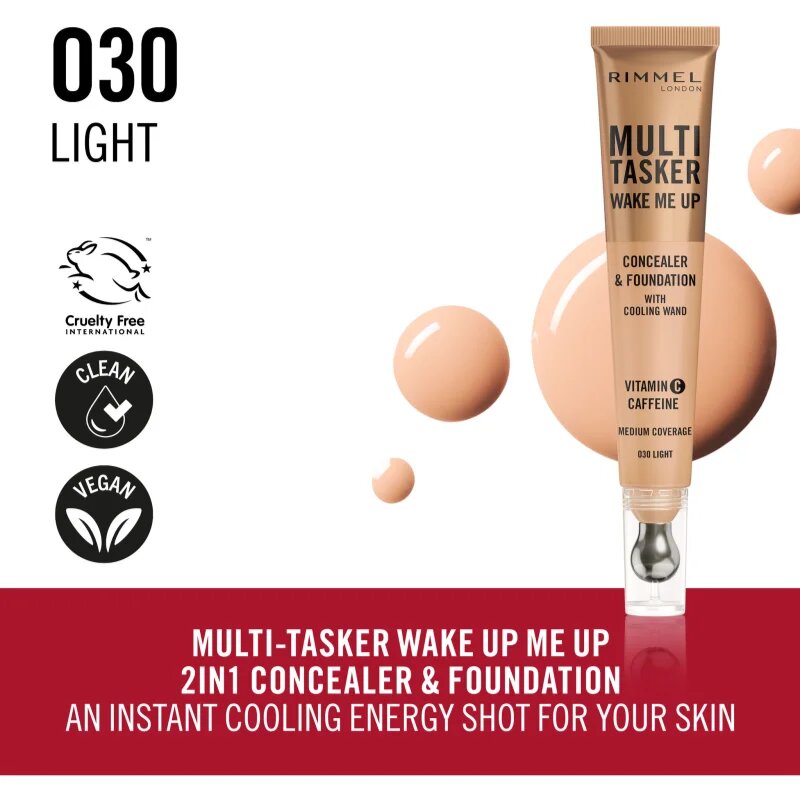 Rimmel Multi-Tasker Wake Me Up грим и коректор за озаряване на лицето цвят 30 Light 20 мл.
