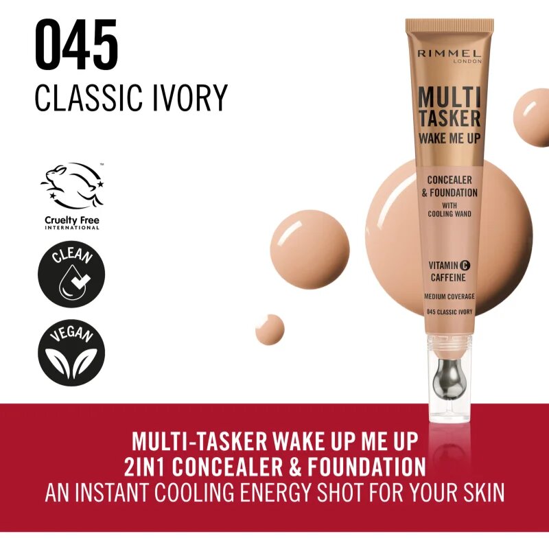 Rimmel Multi-Tasker Wake Me Up грим и коректор за озаряване на лицето цвят 45 Classic Ivory 20 мл.