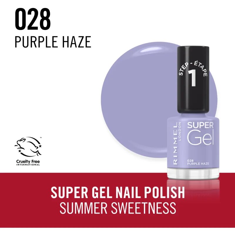 Rimmel Super Gel гел лак за нокти без използване на UV/LED лампа цвят 028 Purple Haze 12 мл.