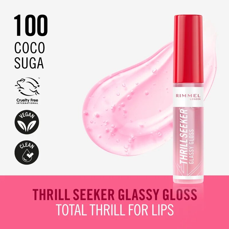 Rimmel Thrill Seeker Glassy Gloss блясък за устни за по-голям обем цвят 100 Coco Suga 10 мл.