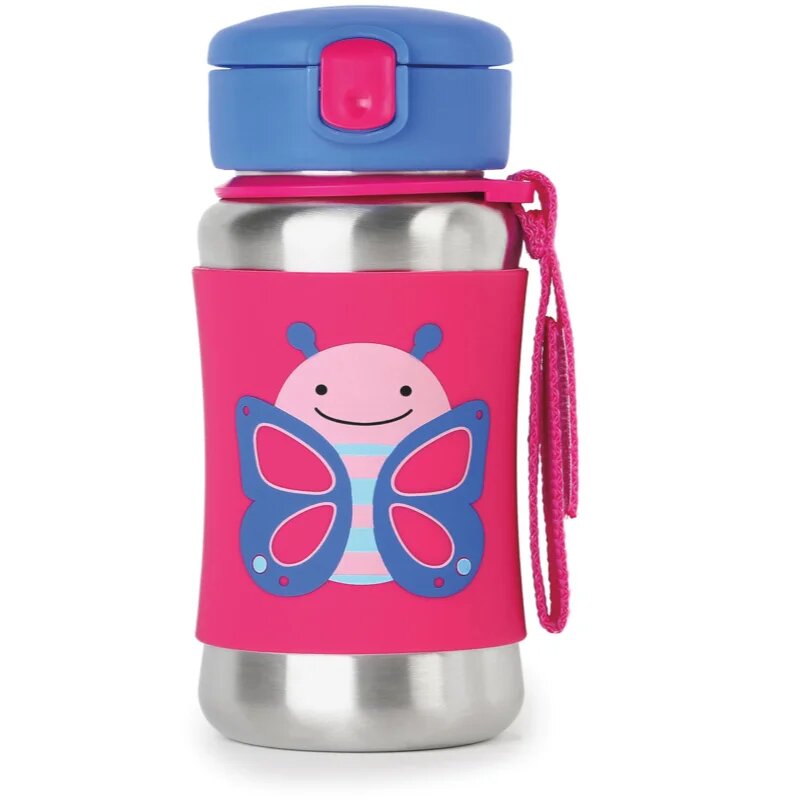 Skip Hop Zoo Straw Bottle неръждаема бутилка за вода със сламка Butterfly 12 m+ 1 бр.