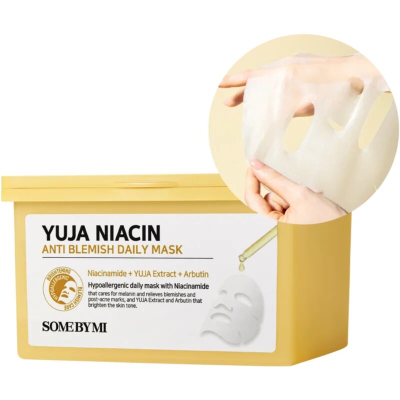 Some By Mi Yuja Niacin Anti Blemish Daily Mask озаряваща платнена маска да уеднакви цвета на кожата голяма опаковка 30 бр.