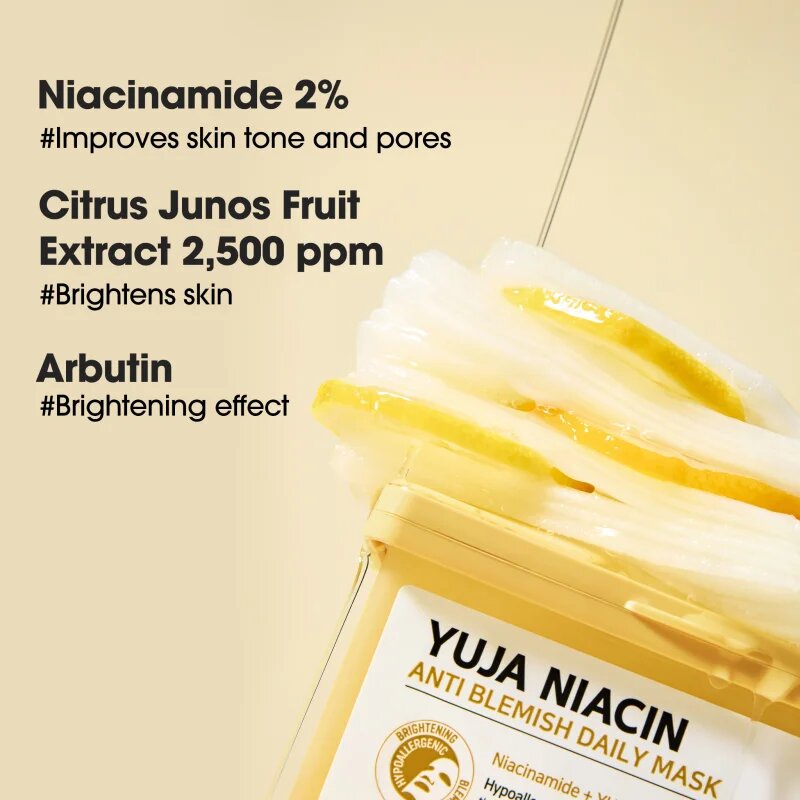 Some By Mi Yuja Niacin Anti Blemish Daily Mask озаряваща платнена маска да уеднакви цвета на кожата голяма опаковка 30 бр.