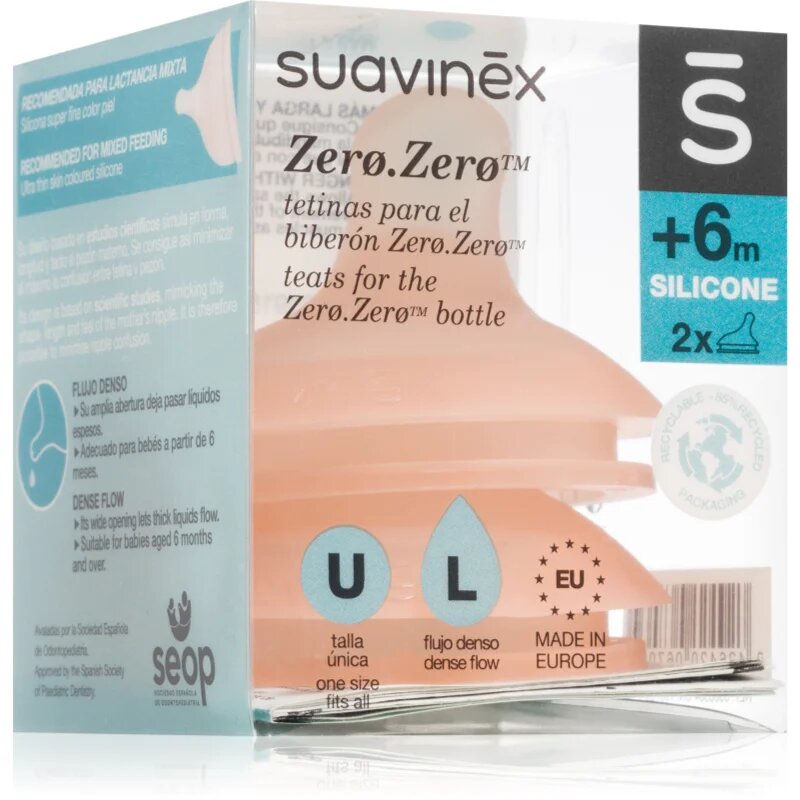 Suavinex Zero Zero Bottle Teat биберон за шише L Dense Flow 6 m+ 2 бр.