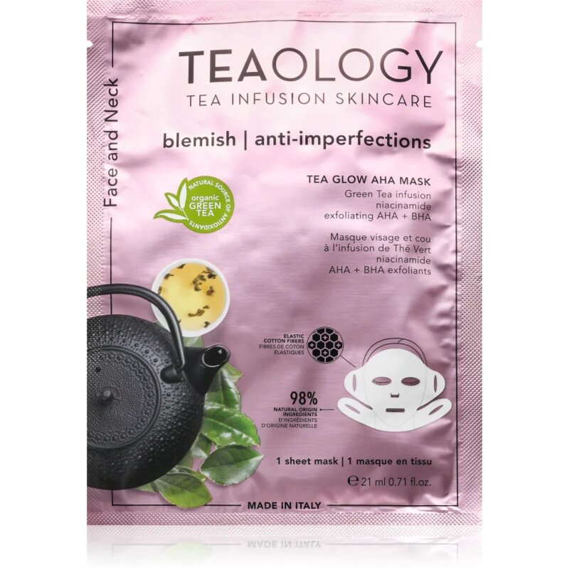 Teaology Tea Glow Blemish AHA Purifying Mask платнена маска с почистващ и освежаващ ефект за шия и деколте 21 мл.