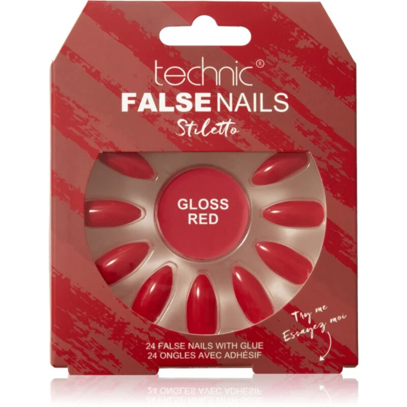 Technic Cosmetics False Nails Stiletto Изкуствени нокти Gloss Red 24 бр.