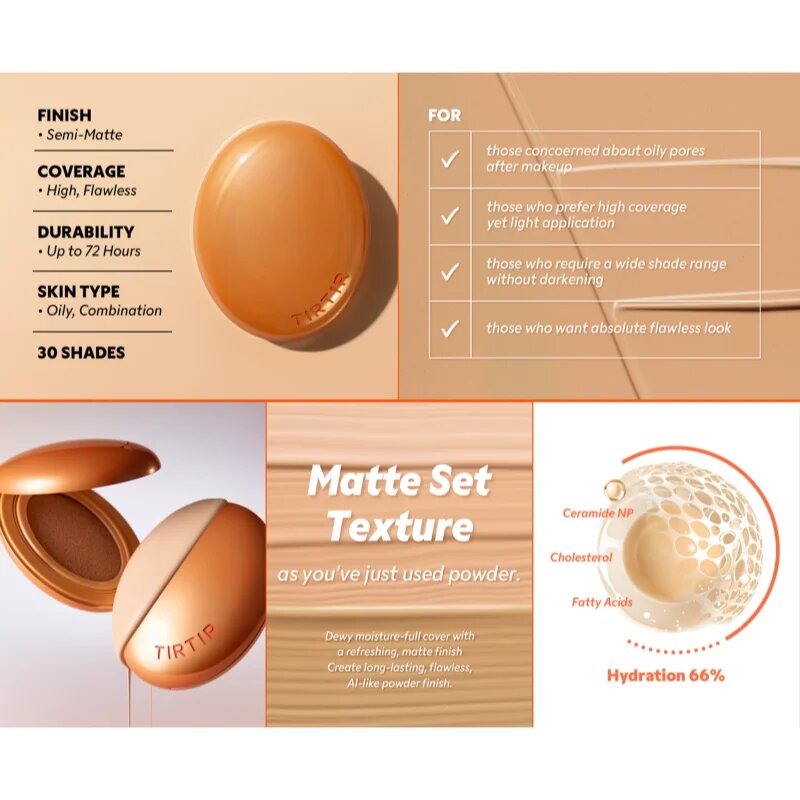 TIRTIR Mask Fit AI Filter Cushion Mini дълготраен грим в гъбичка с матиращ ефект цвят 24N Latte 4.5 гр.