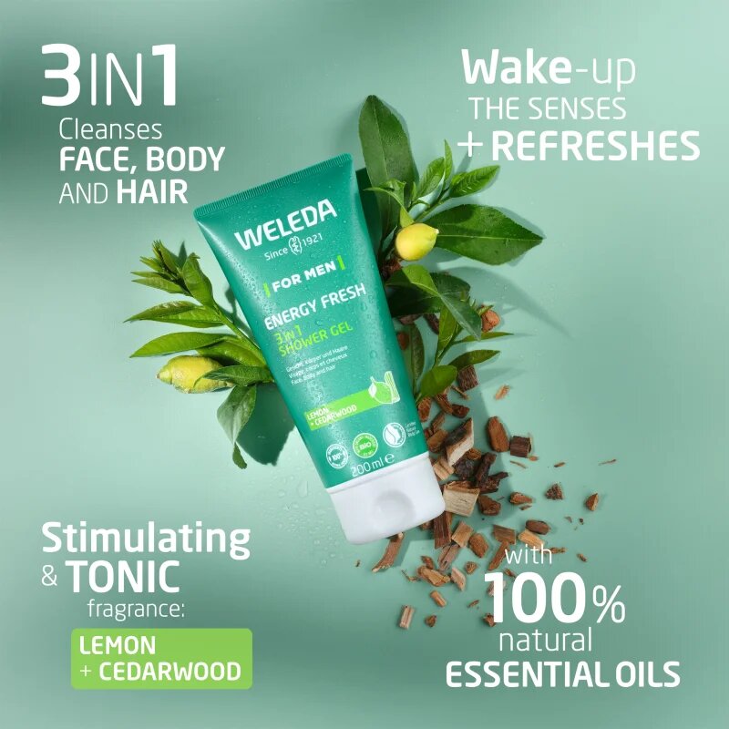 Weleda Energy Fresh 3in1 почистващ гел 3 в 1 за коса и тяло за мъже 200 мл.