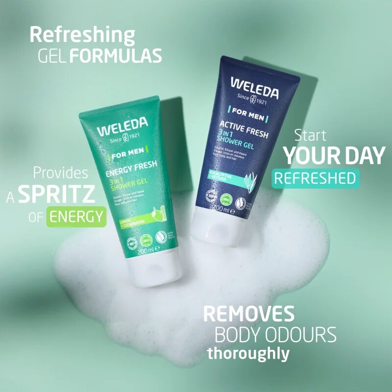 Weleda Energy Fresh 3in1 почистващ гел 3 в 1 за коса и тяло за мъже 200 мл.