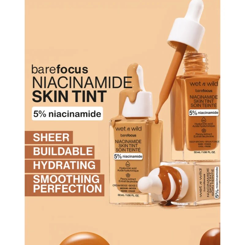 Wet N Wild BareFocus Niacinamide Skin Tint лек хидратиращ фон дьо тен цвят Amber Beige (Warm) 32 мл.