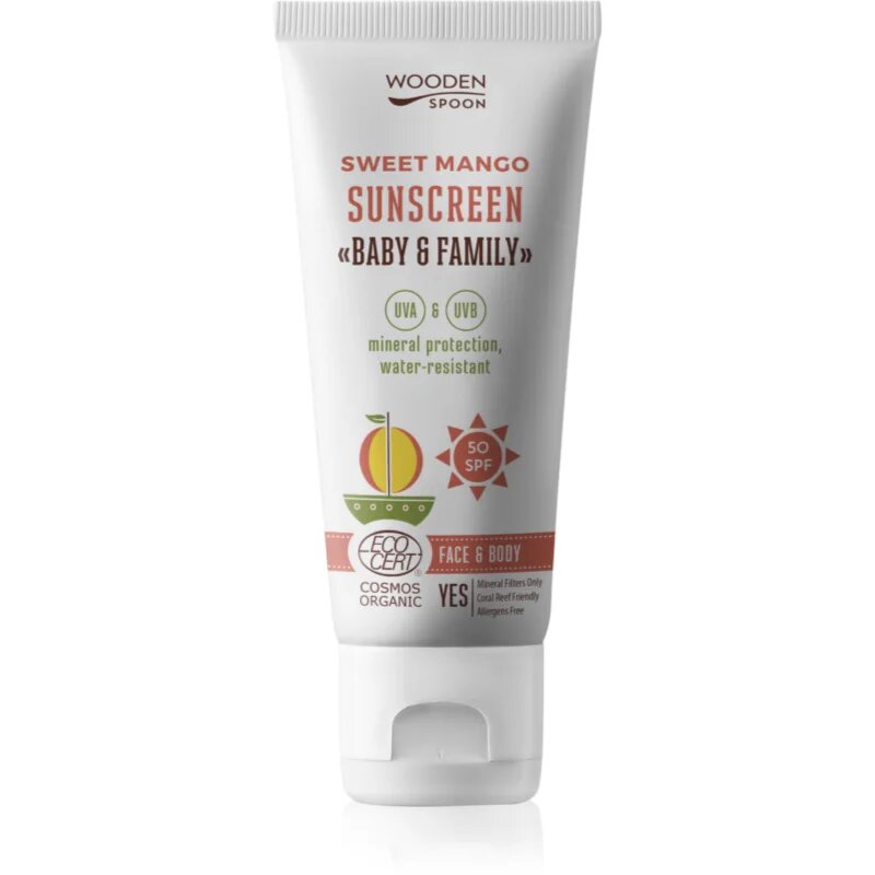 WoodenSpoon Baby & Family Sweet Mango защитно слънцезащитно мляко за цялото семейство SPF 50 100 мл.