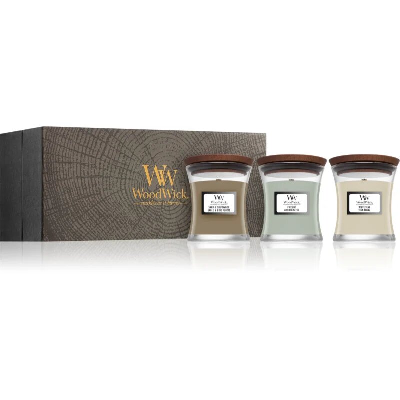 Woodwick Fireside + White Teak + Sand & Driftwood подаръчен комплект 3x85 гр.