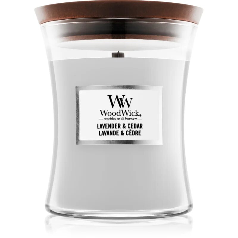Woodwick Lavender & Cedar ароматна свещ с дървен фитил 275 гр.