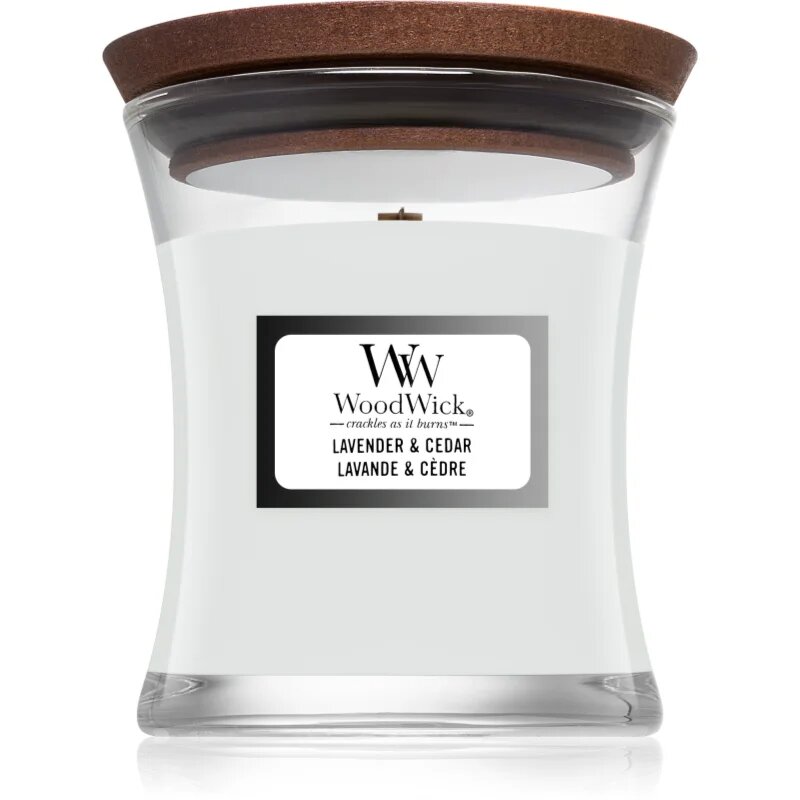 Woodwick Lavender & Cedar ароматна свещ с дървен фитил 85 гр.