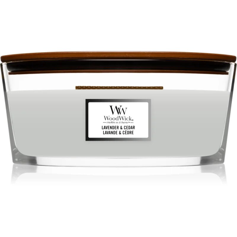 Woodwick Lavender & Cedar ароматна свещ с дървен фитил (hearthwick) 453.6 гр.