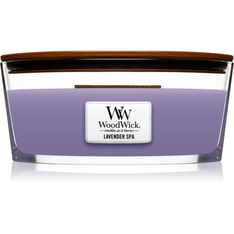 Woodwick Lavender Spa ароматна свещ с дървен фитил (hearthwick) 453 гр.