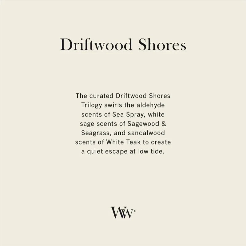 Woodwick Trilogy Driftwood Shores ароматна свещ с дървен фитил 275 гр.
