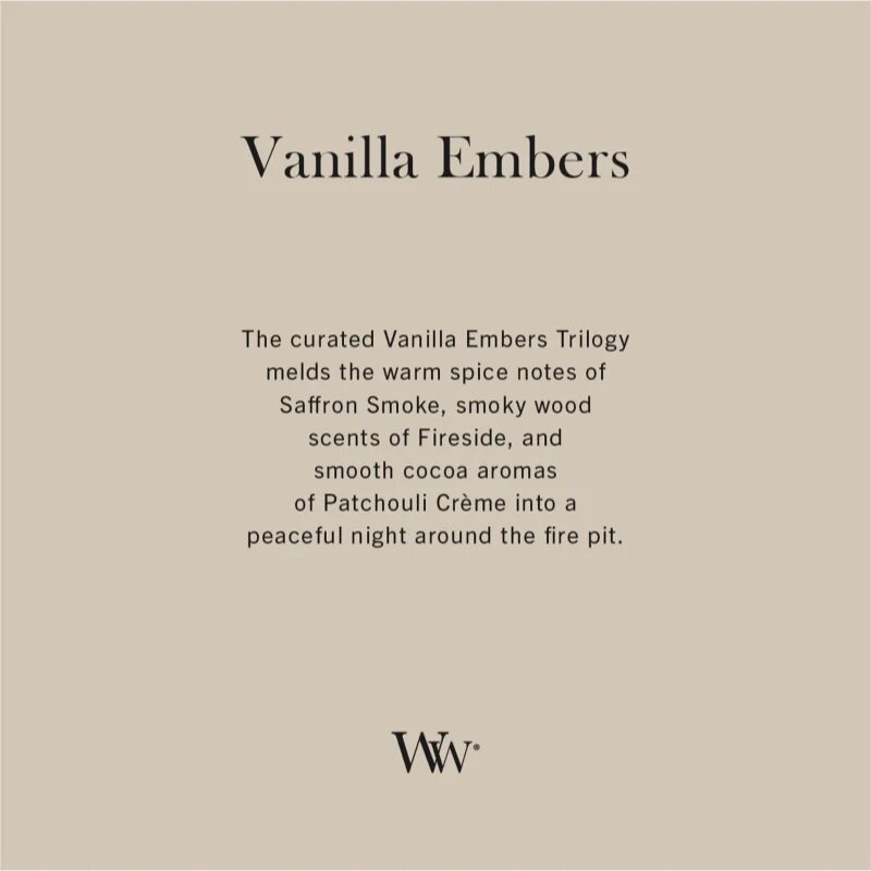 Woodwick Trilogy Vanilla Embers ароматна свещ с дървен фитил 610 гр.