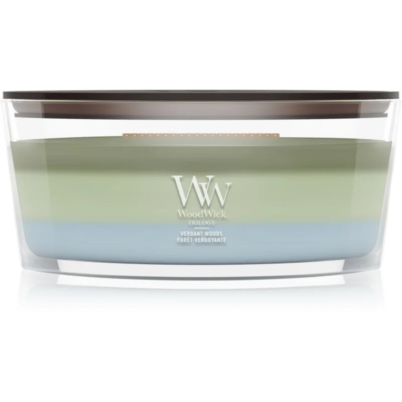 Woodwick Trilogy Verdant Woods ароматна свещ с дървен фитил 453.6 гр.