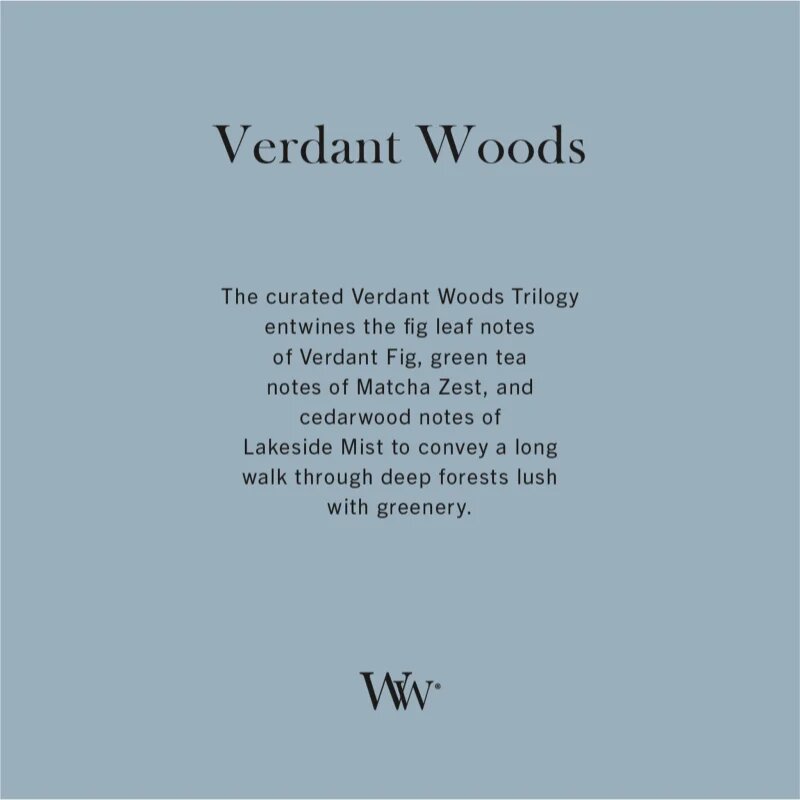 Woodwick Trilogy Verdant Woods ароматна свещ с дървен фитил 610 гр.