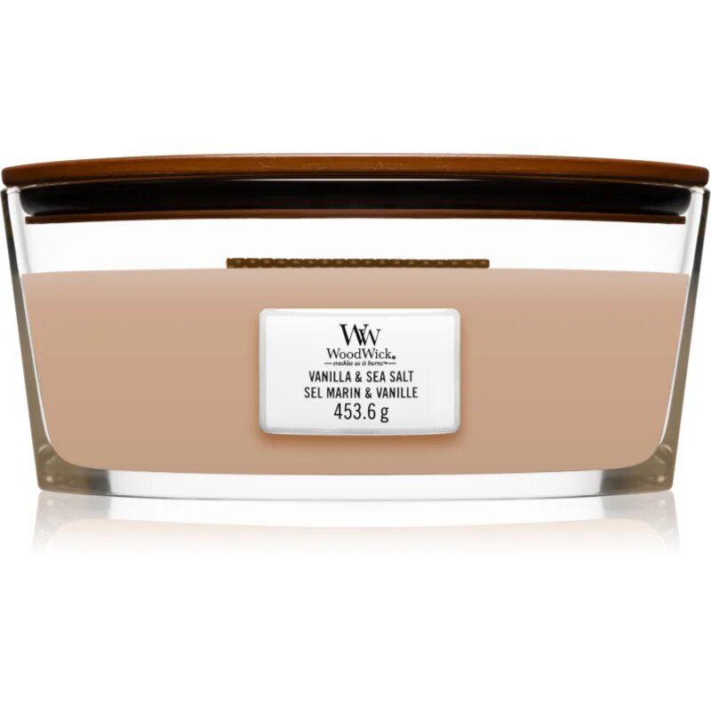 Woodwick Vanilla & Sea Salt ароматна свещ с дървен фитил (hearthwick) 453.6 гр.