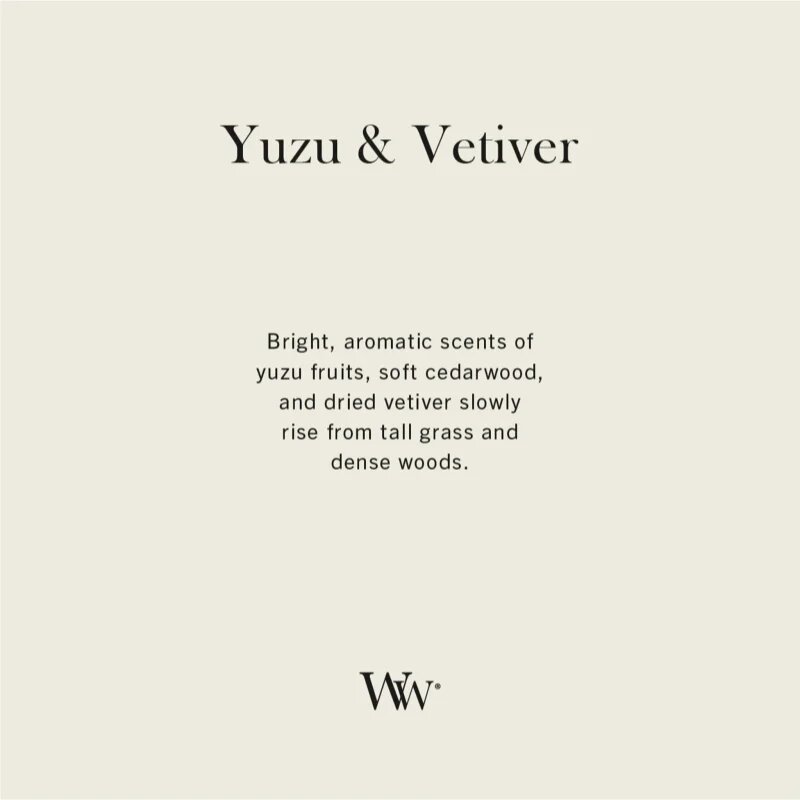 Woodwick Yuzu & Vetiver ароматна свещ с дървен фитил 275 гр.